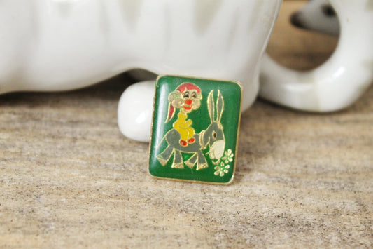 Vintage soviet children's pin badge "A dwarf (gnome) on a donkey" - fairytale, made in USSR, 1970s