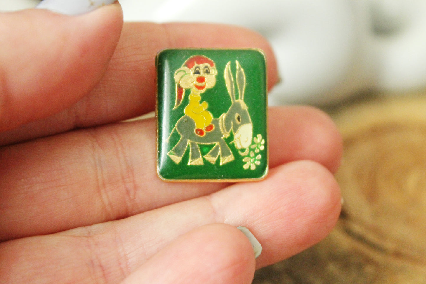 Vintage soviet children's pin badge "A dwarf (gnome) on a donkey" - fairytale, made in USSR, 1970s