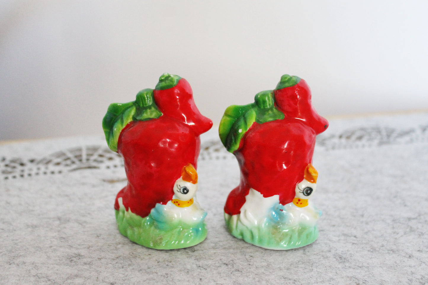 Vintage Salt and Pepper Shakers - Ceramic Red Peppers with Ducks - Made in Ukraine, Early 2000s