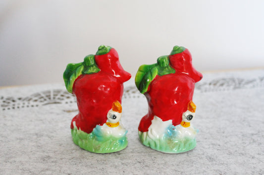 Vintage Salt and Pepper Shakers - Ceramic Red Peppers with Ducks - Made in Ukraine, Early 2000s