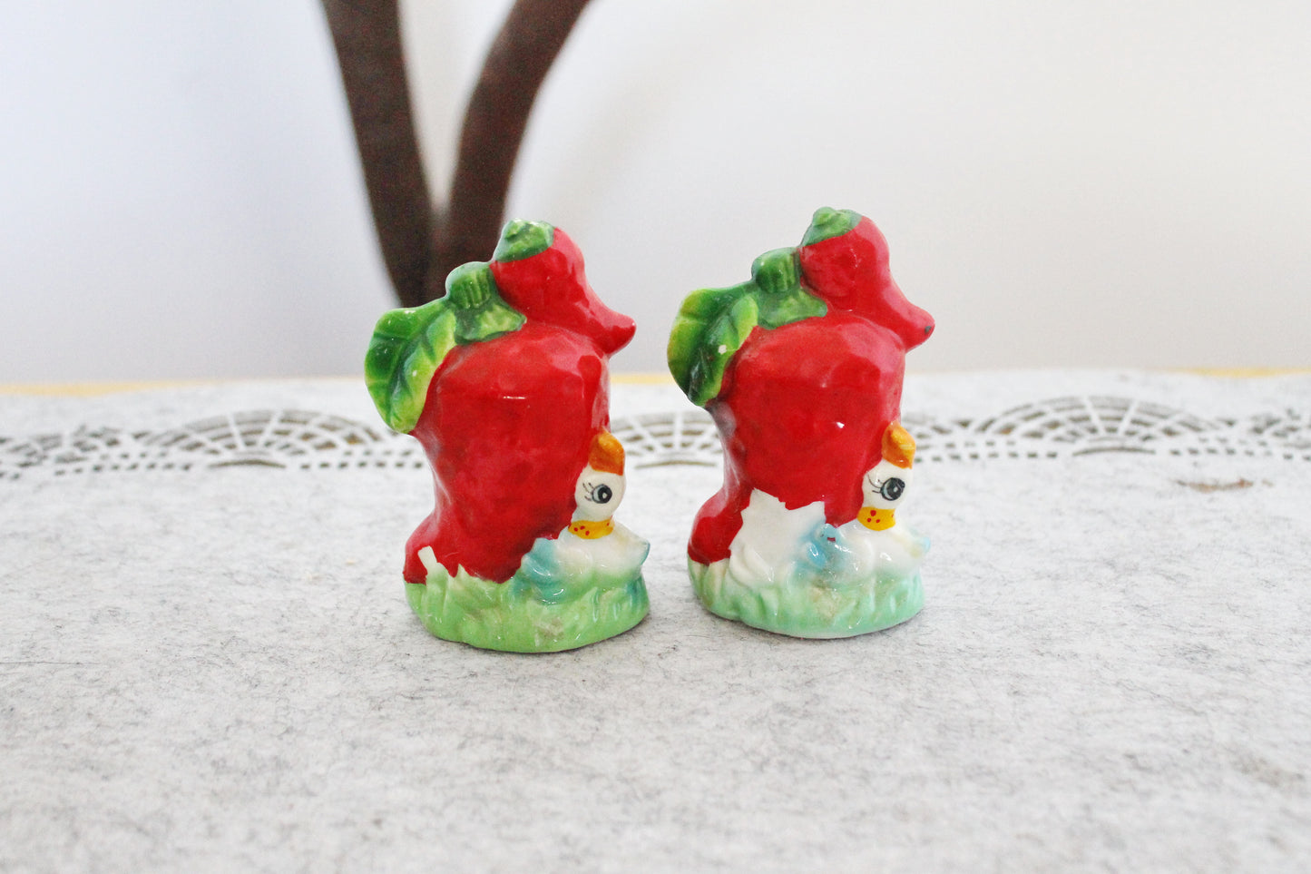 Vintage Salt and Pepper Shakers - Ceramic Red Peppers with Ducks - Made in Ukraine, Early 2000s