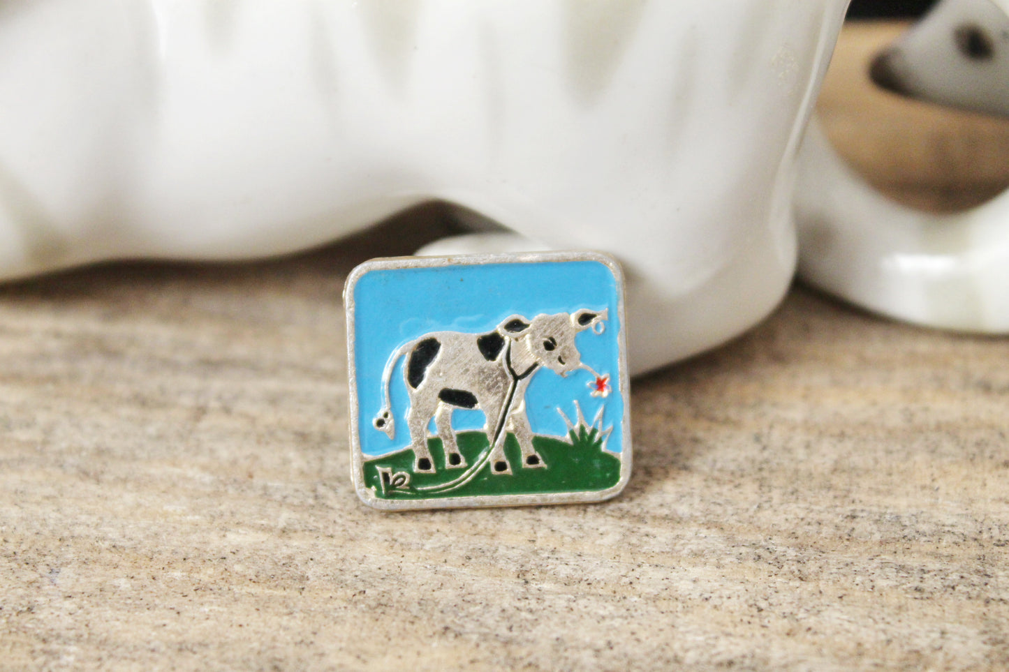 Vintage soviet children's pin badge "A Cow" - fairytale, made in USSR, 1970s