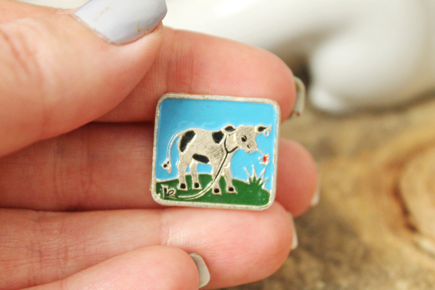 Vintage soviet children's pin badge "A Cow" - fairytale, made in USSR, 1970s