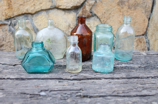 Set of 8 Vintage ancient small bottles - 2.4 - 4.6 inches - Soviet Glass Wine Bottle - USSR made bottle - 1960-1970s