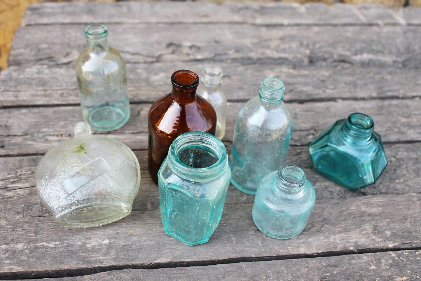 Set of 8 Vintage ancient small bottles - 2.4 - 4.6 inches - Soviet Glass Wine Bottle - USSR made bottle - 1960-1970s