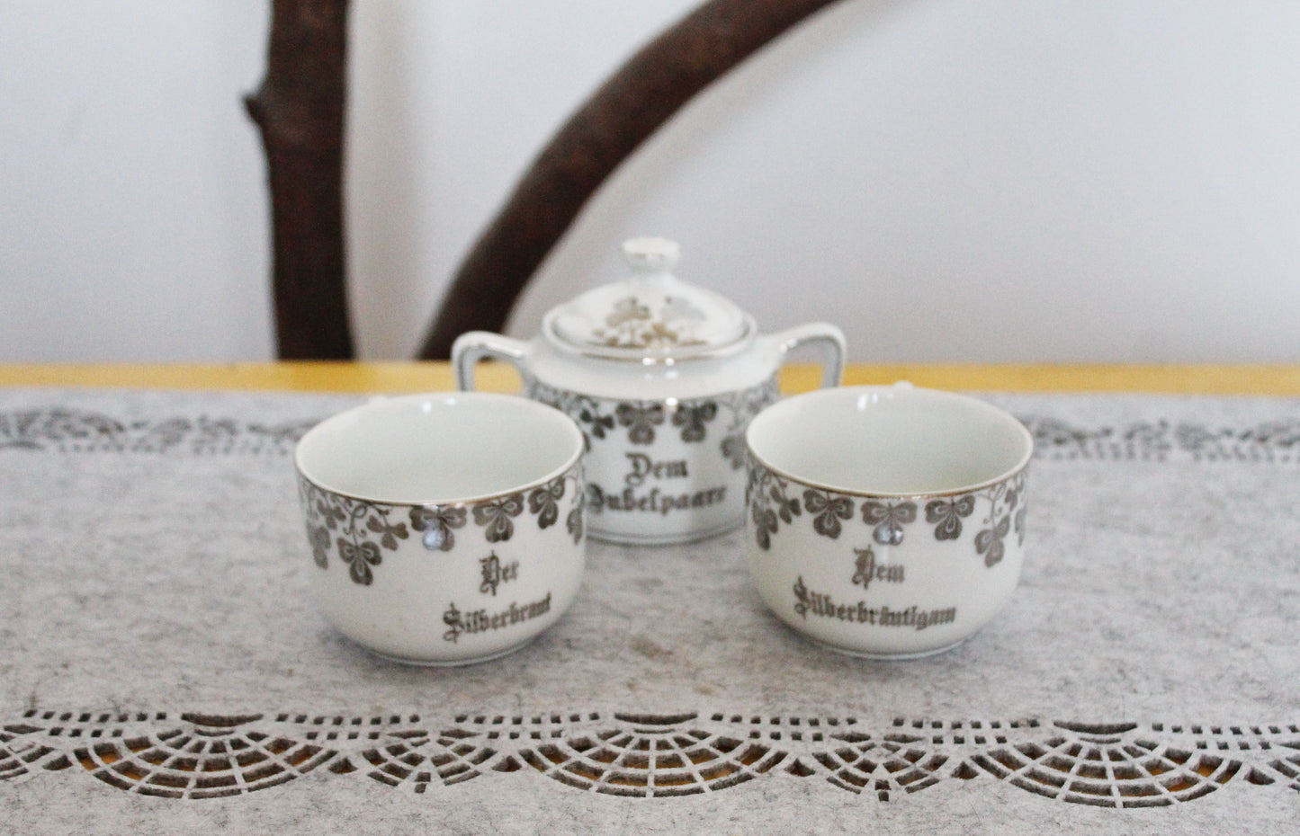 Vintage German Silver Wedding Tea Set – Porcelain Cups & Sugar Bowl – “Dem Jubelpaare” - 1960s-1970s