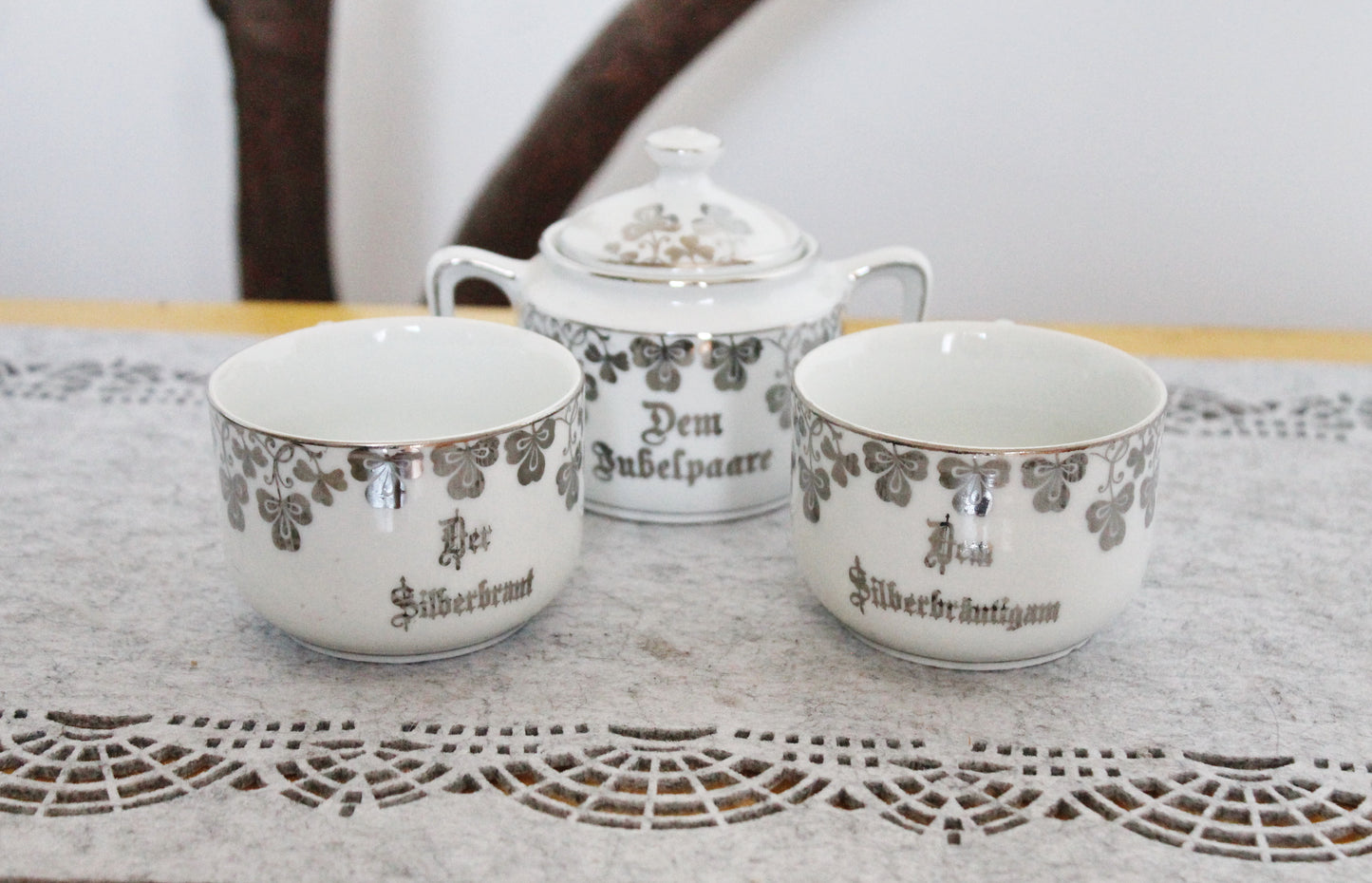 Vintage German Silver Wedding Tea Set – Porcelain Cups & Sugar Bowl – “Dem Jubelpaare” - 1960s-1970s