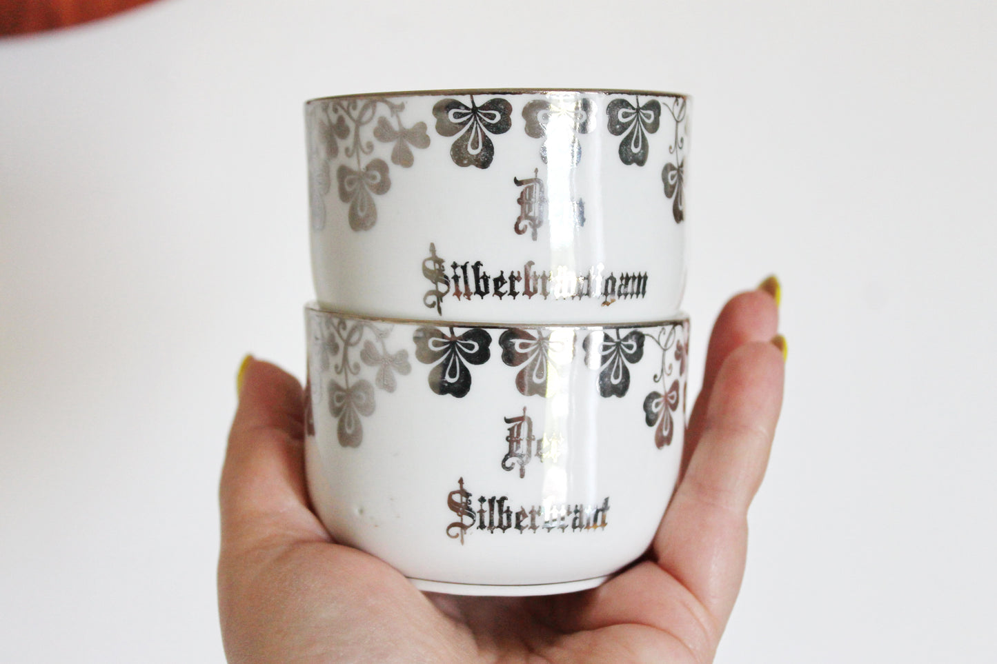 Vintage German Silver Wedding Tea Set – Porcelain Cups & Sugar Bowl – “Dem Jubelpaare” - 1960s-1970s