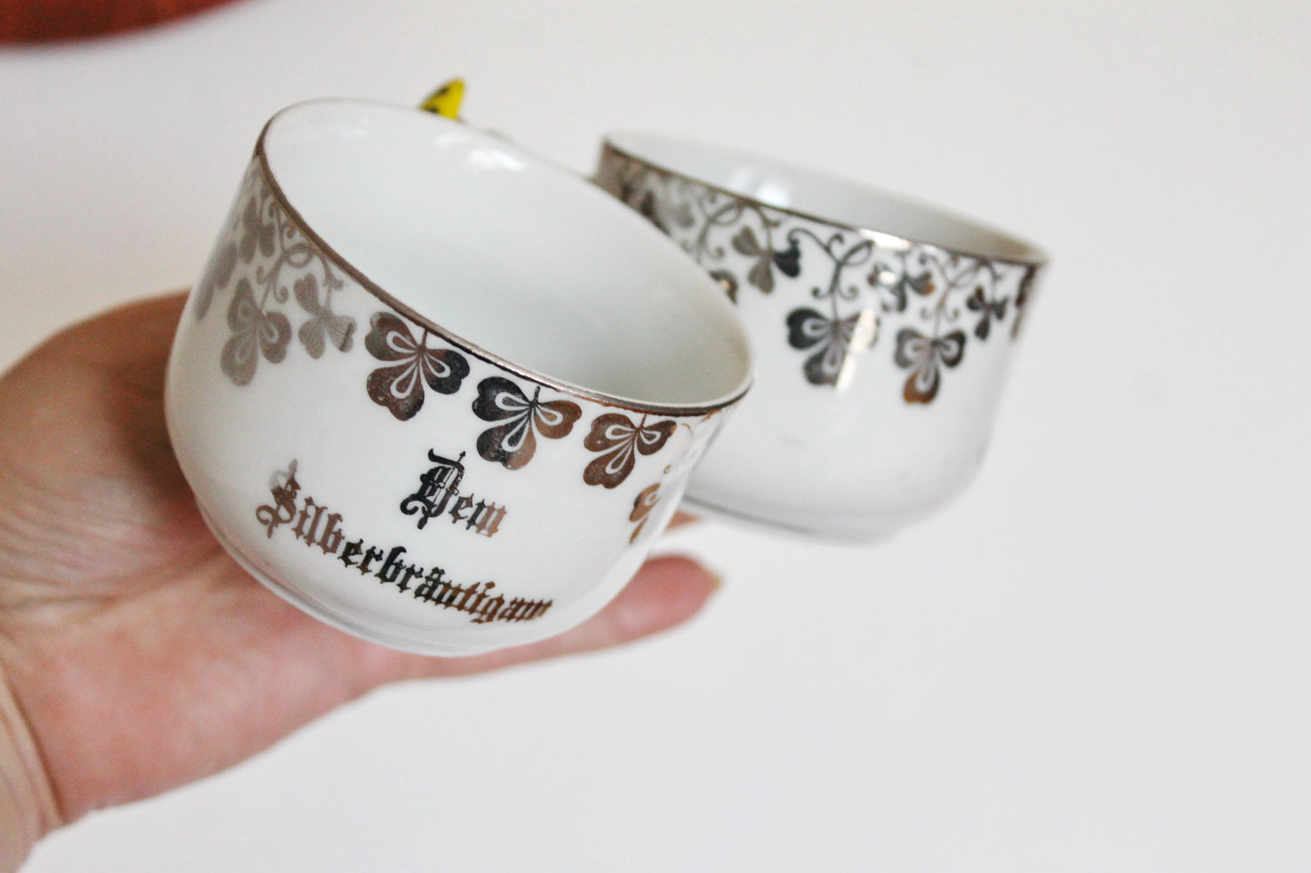 Vintage German Silver Wedding Tea Set – Porcelain Cups & Sugar Bowl – “Dem Jubelpaare” - 1960s-1970s