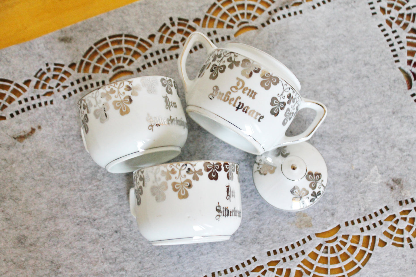 Vintage German Silver Wedding Tea Set – Porcelain Cups & Sugar Bowl – “Dem Jubelpaare” - 1960s-1970s