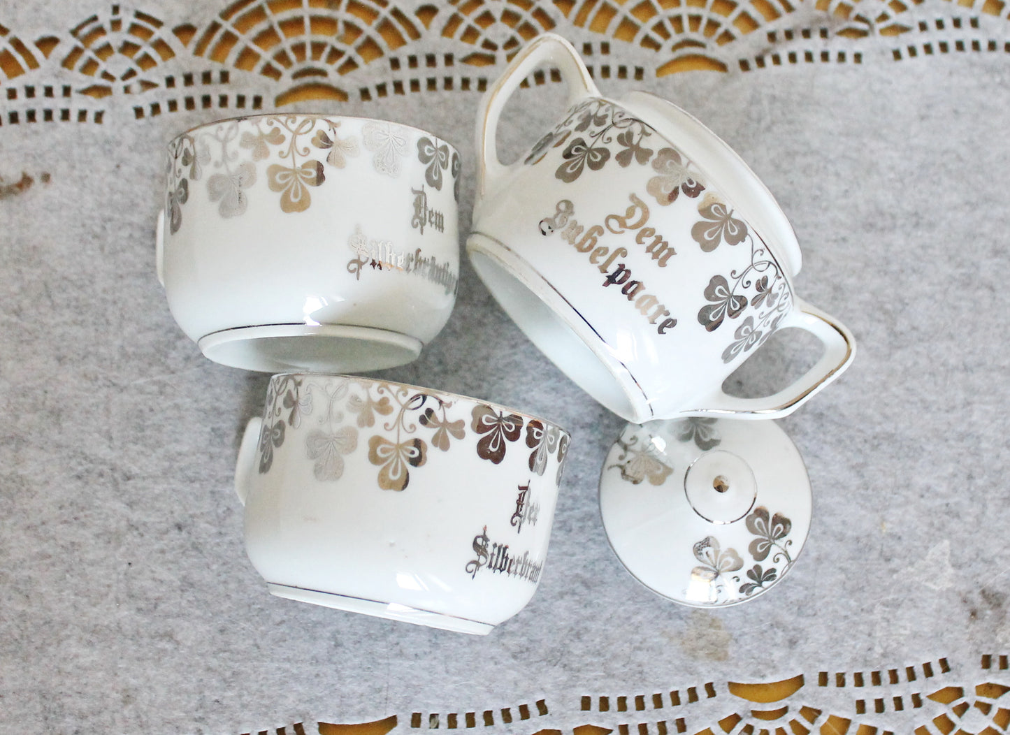 Vintage German Silver Wedding Tea Set – Porcelain Cups & Sugar Bowl – “Dem Jubelpaare” - 1960s-1970s