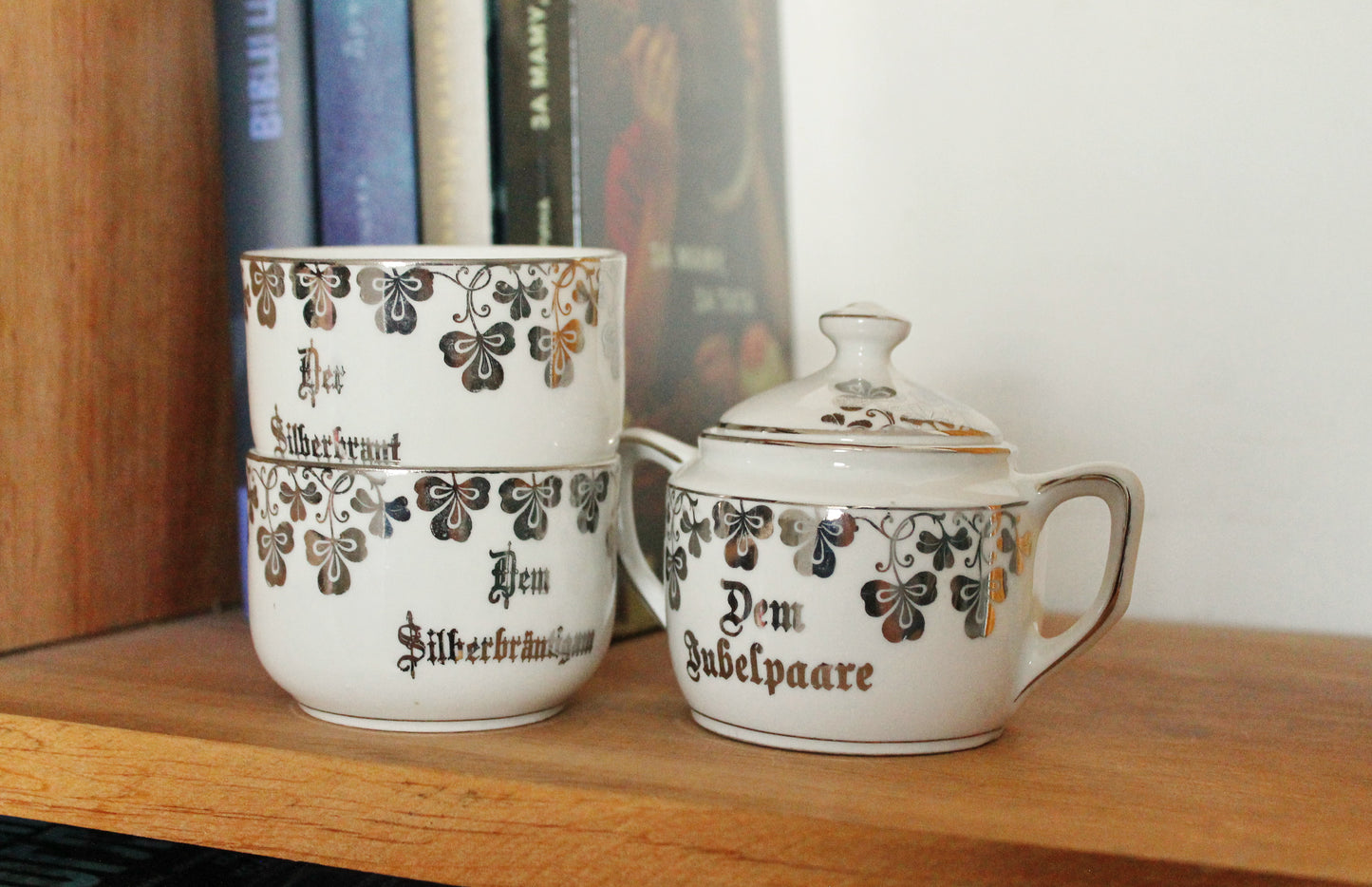 Vintage German Silver Wedding Tea Set – Porcelain Cups & Sugar Bowl – “Dem Jubelpaare” - 1960s-1970s
