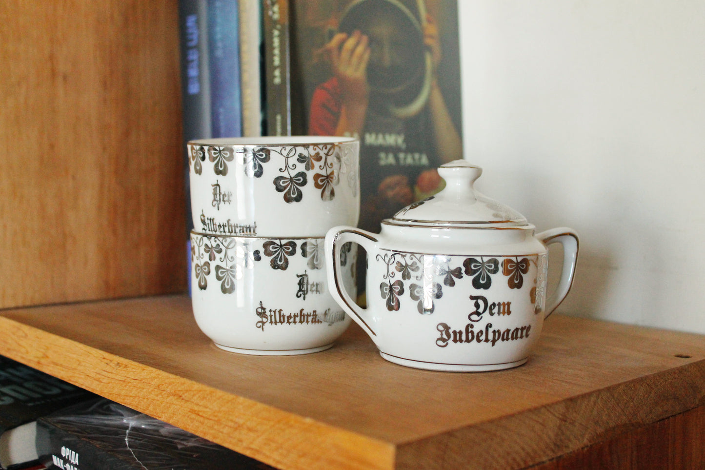 Vintage German Silver Wedding Tea Set – Porcelain Cups & Sugar Bowl – “Dem Jubelpaare” - 1960s-1970s