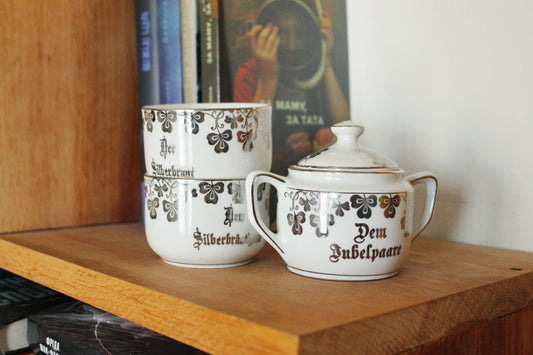 Vintage German Silver Wedding Tea Set – Porcelain Cups & Sugar Bowl – “Dem Jubelpaare” - 1960s-1970s