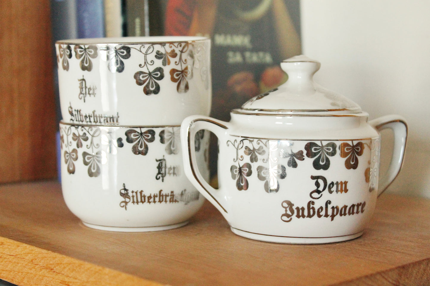 Vintage German Silver Wedding Tea Set – Porcelain Cups & Sugar Bowl – “Dem Jubelpaare” - 1960s-1970s