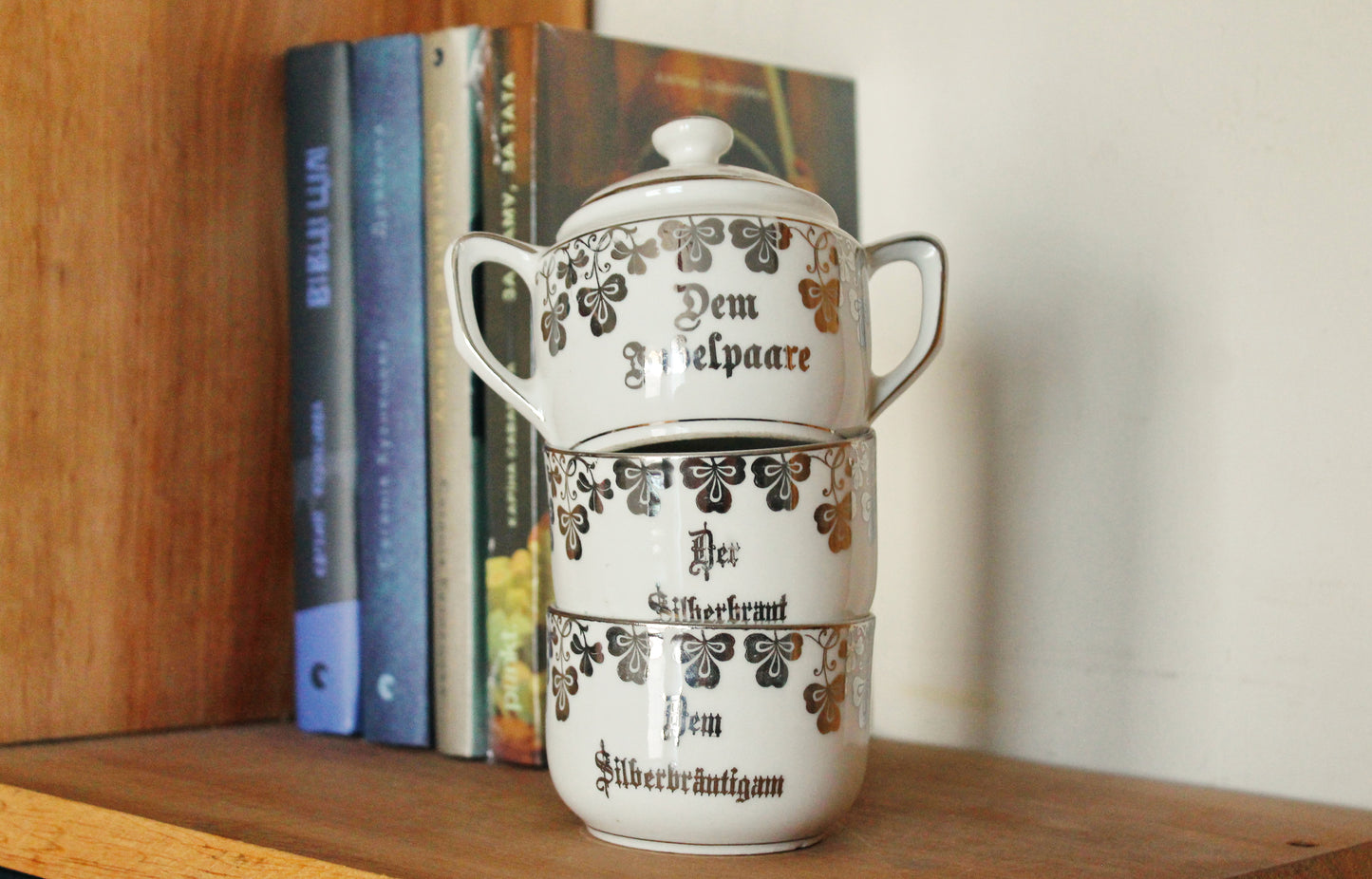 Vintage German Silver Wedding Tea Set – Porcelain Cups & Sugar Bowl – “Dem Jubelpaare” - 1960s-1970s