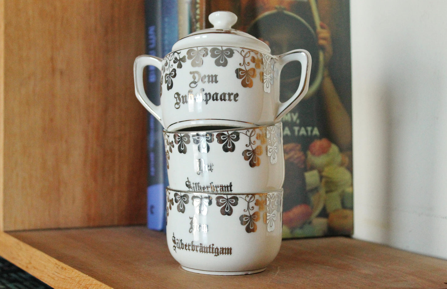Vintage German Silver Wedding Tea Set – Porcelain Cups & Sugar Bowl – “Dem Jubelpaare” - 1960s-1970s