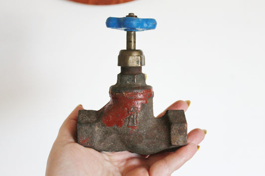 Vintage Industrial Metal Water Valve | Heavy Cast Iron Gate Valve with Blue Handle | Steampunk Decor, Loft Accent, Plumbing Salvage - 1960s