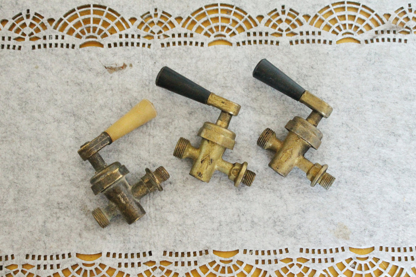 Set of 3 Vintage Brass Radiator Valves | Industrial Steampunk Faucet Handles | Mid-Century Metal Plumbing Parts - 1950-1970s