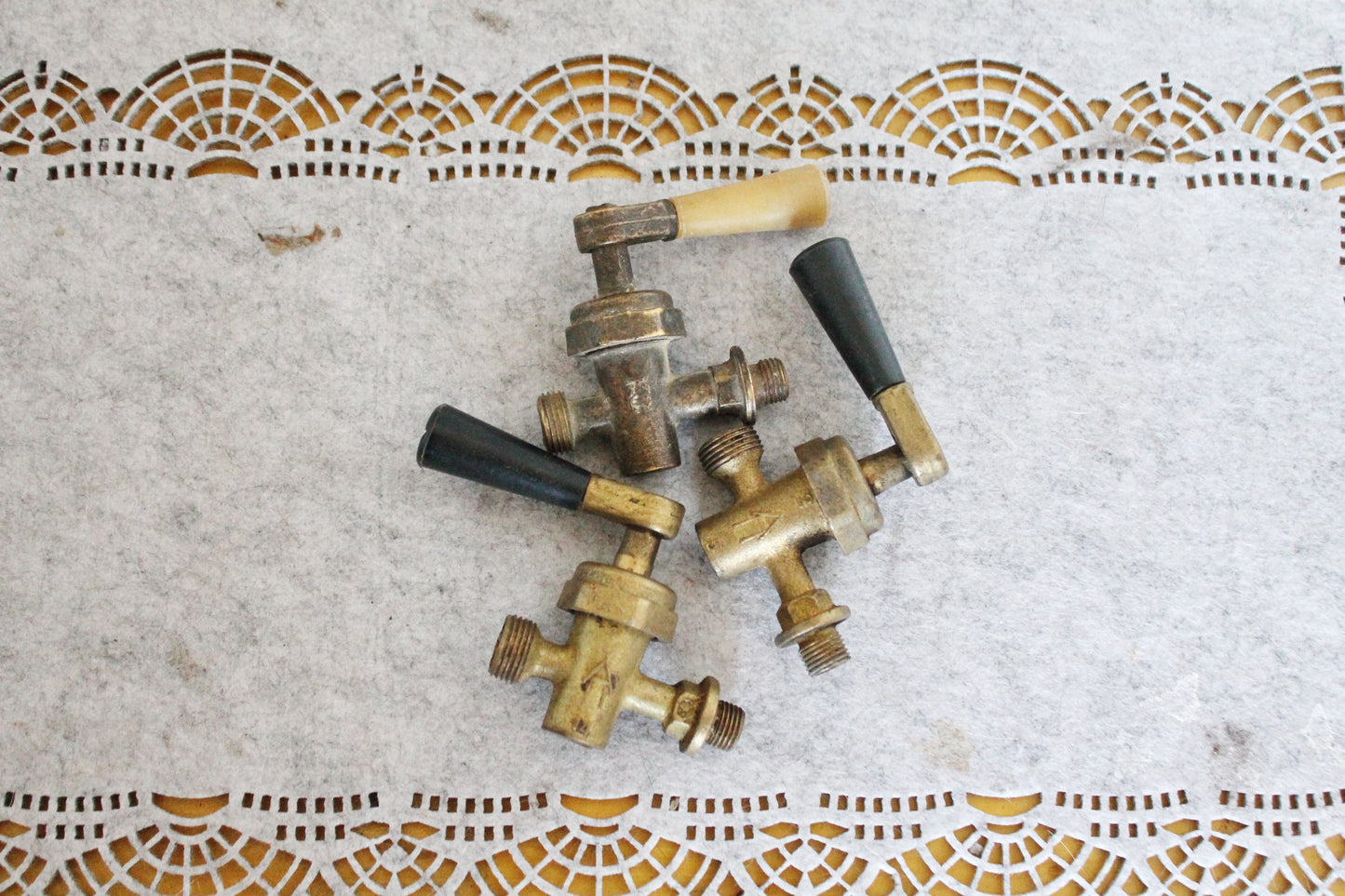 Set of 3 Vintage Brass Radiator Valves | Industrial Steampunk Faucet Handles | Mid-Century Metal Plumbing Parts - 1950-1970s