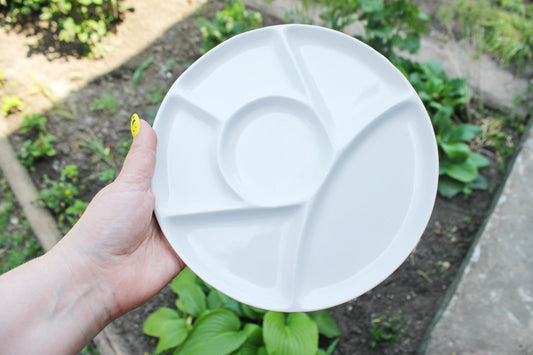 Vintage German Divided Porcelain Plate – Mid-Century White Serving Dish, Snack Platter, circa 1970s–1980s