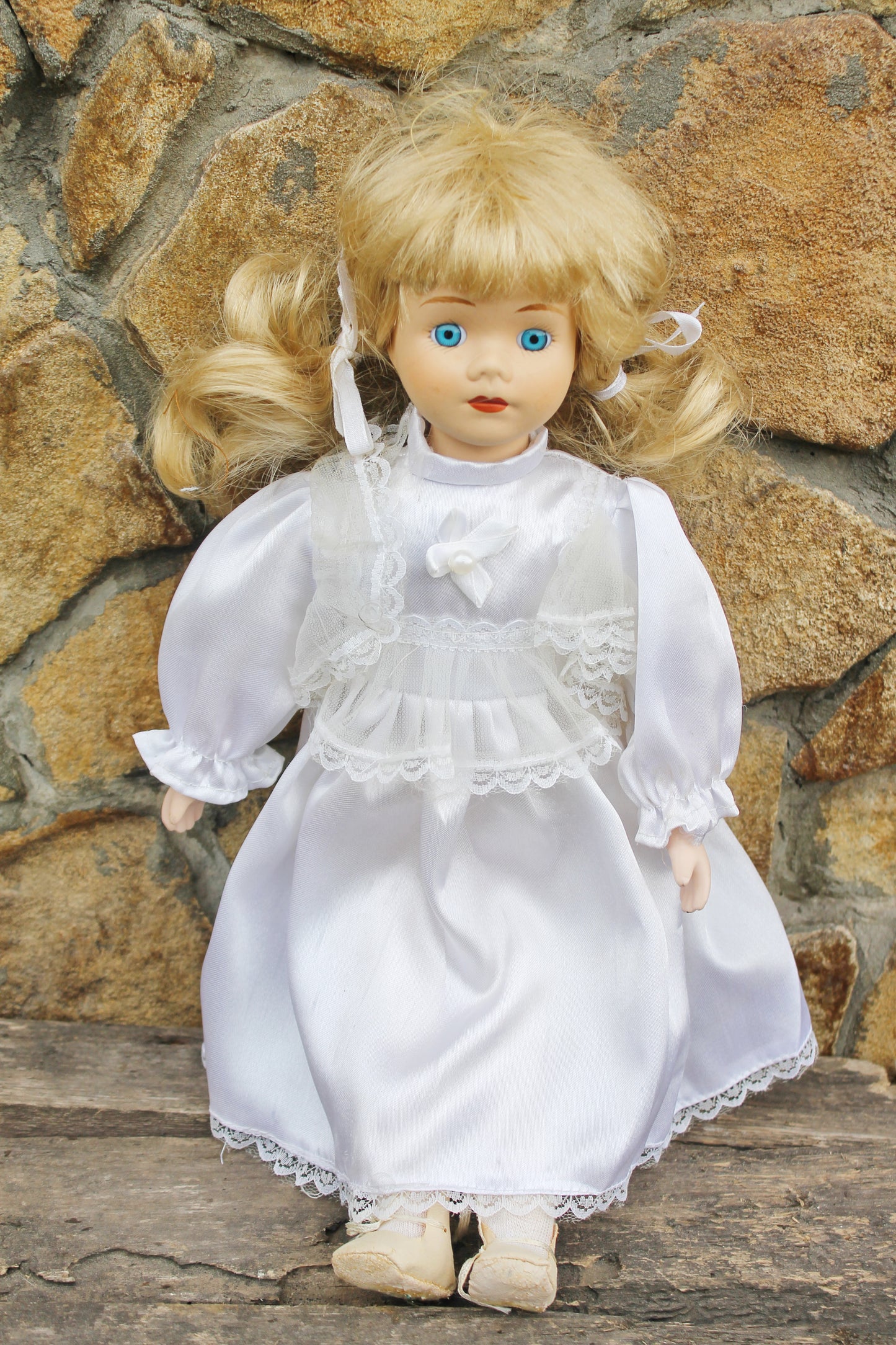 Vintage porcelain Germany cute doll in white dress - 15 inches - Collectible doll - 1970-1980s