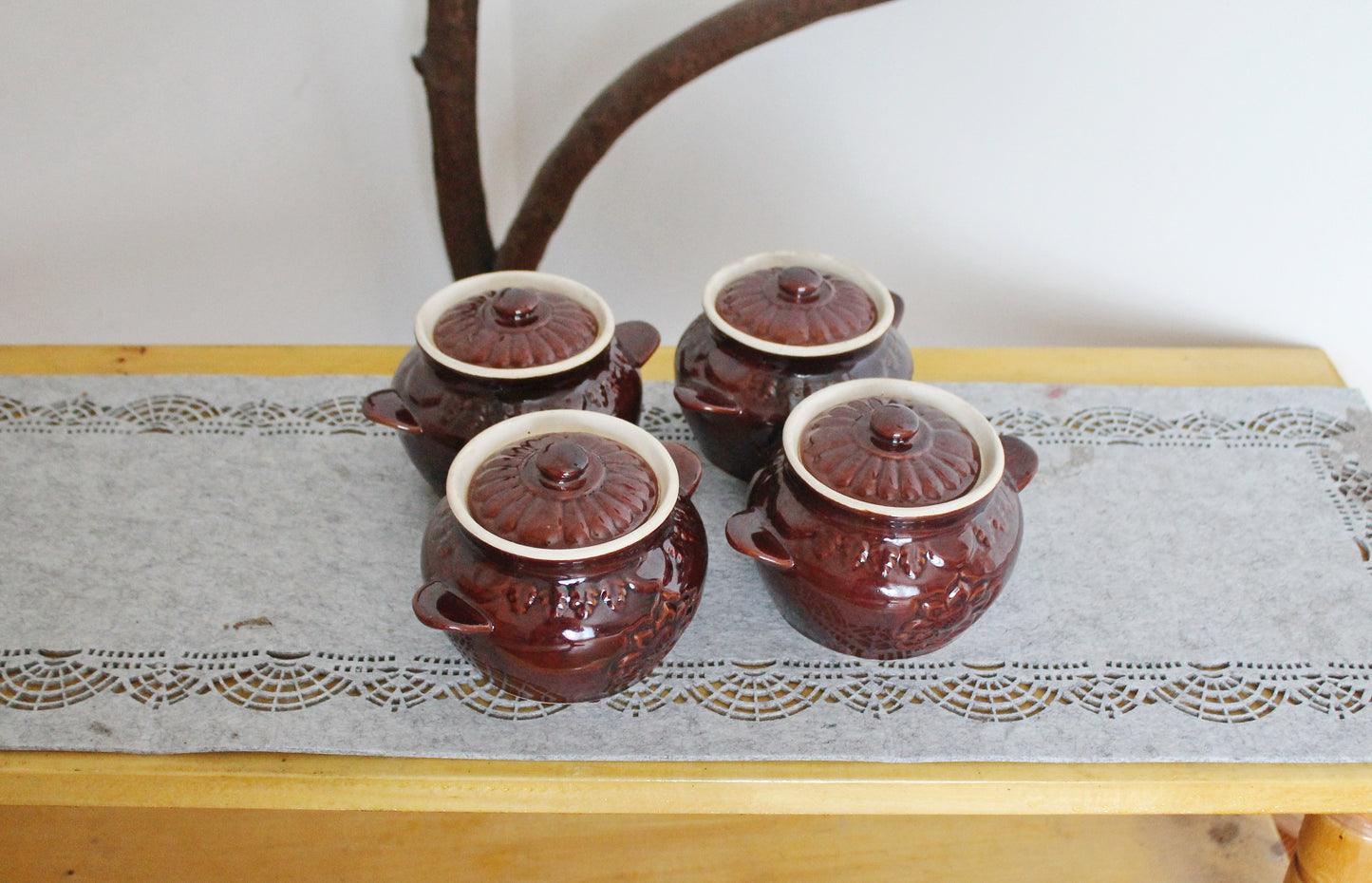 Vintage Brown Ceramic Cooking Pots Set of 4 - Rustic Clay Casserole Pots with Lids - Oven-Safe Clay Pots - Ukrainian Kitchenware - 1990s