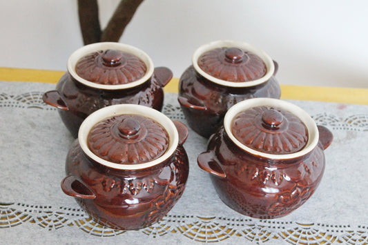 Vintage Brown Ceramic Cooking Pots Set of 4 - Rustic Clay Casserole Pots with Lids - Oven-Safe Clay Pots - Ukrainian Kitchenware - 1990s