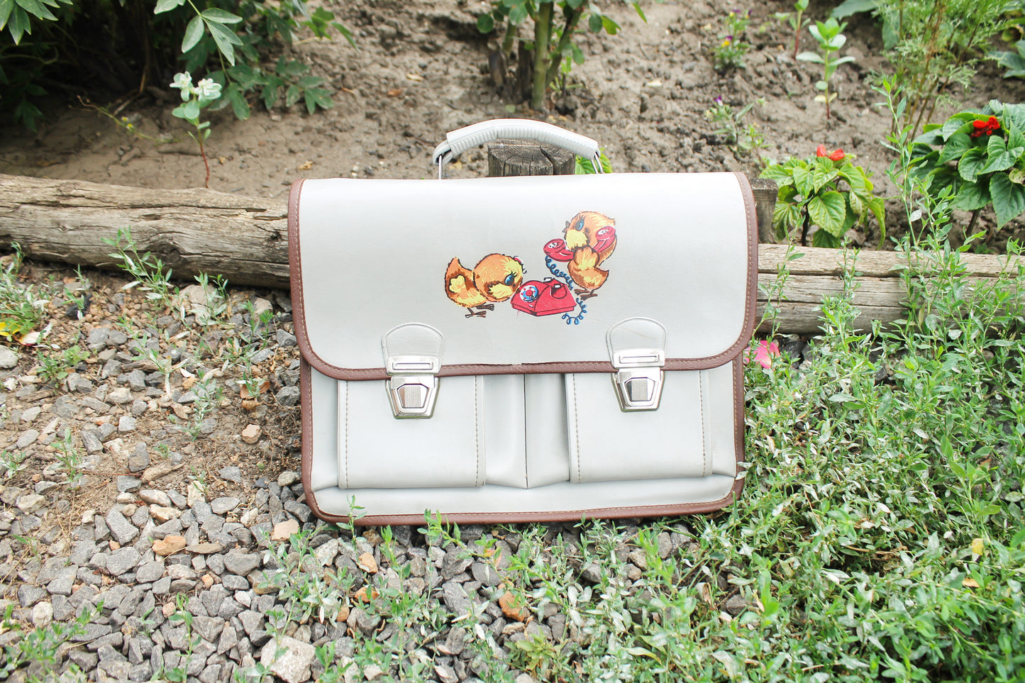 Vintage Soviet School Satchel – USSR Briefcase with Chicks Illustration – 1970s – No Straps – Retro Children's Bag – Back to School