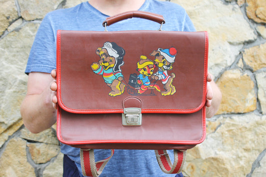 Vintage Soviet-Era School Satchel | 1980s USSR Faux Leather Backpack with Cartoon Dog Print and Striped Straps | Old School Soviet Backpack