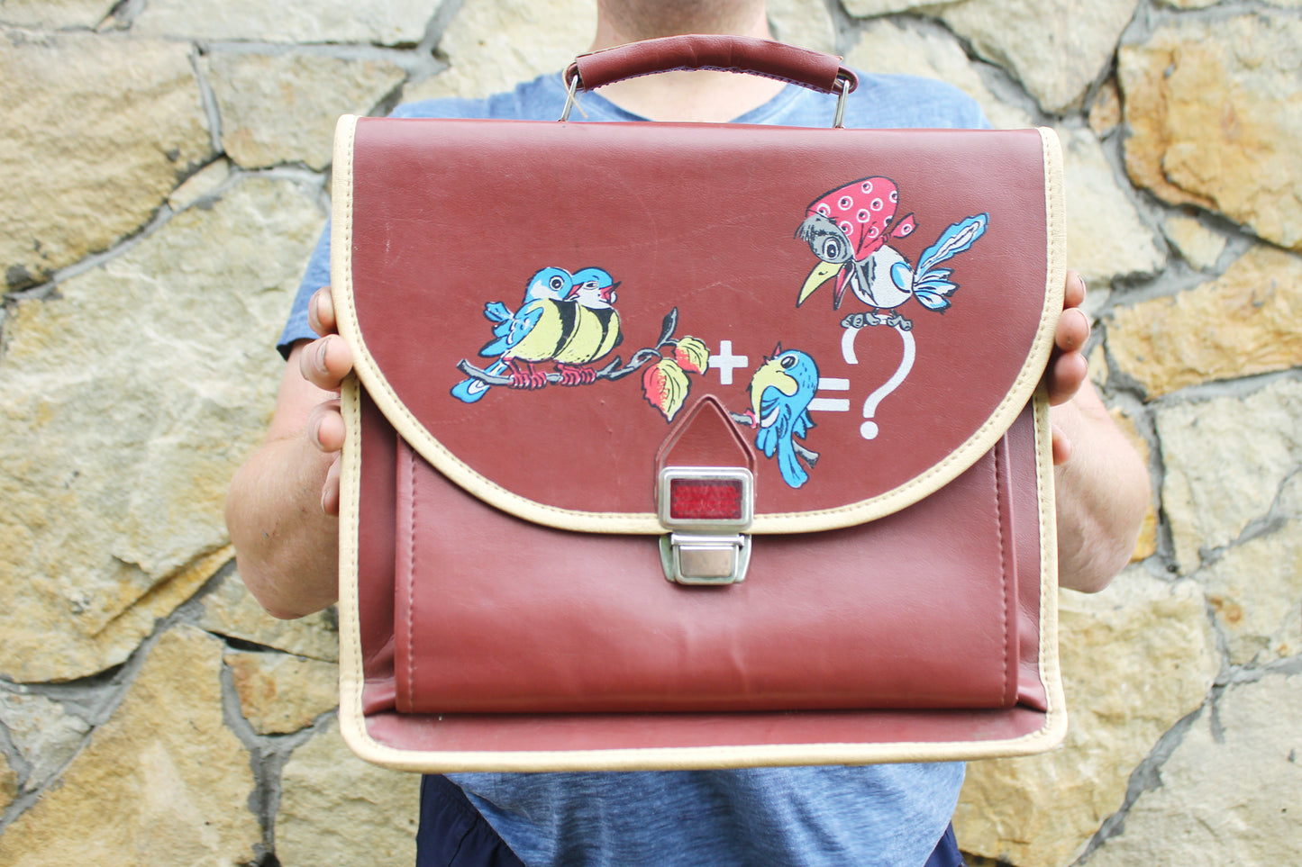 Vintage Soviet School Satchel – USSR Children’s Bag with Hand-Painted Cartoon Birds – Rare 1980s Kid’s Accessory