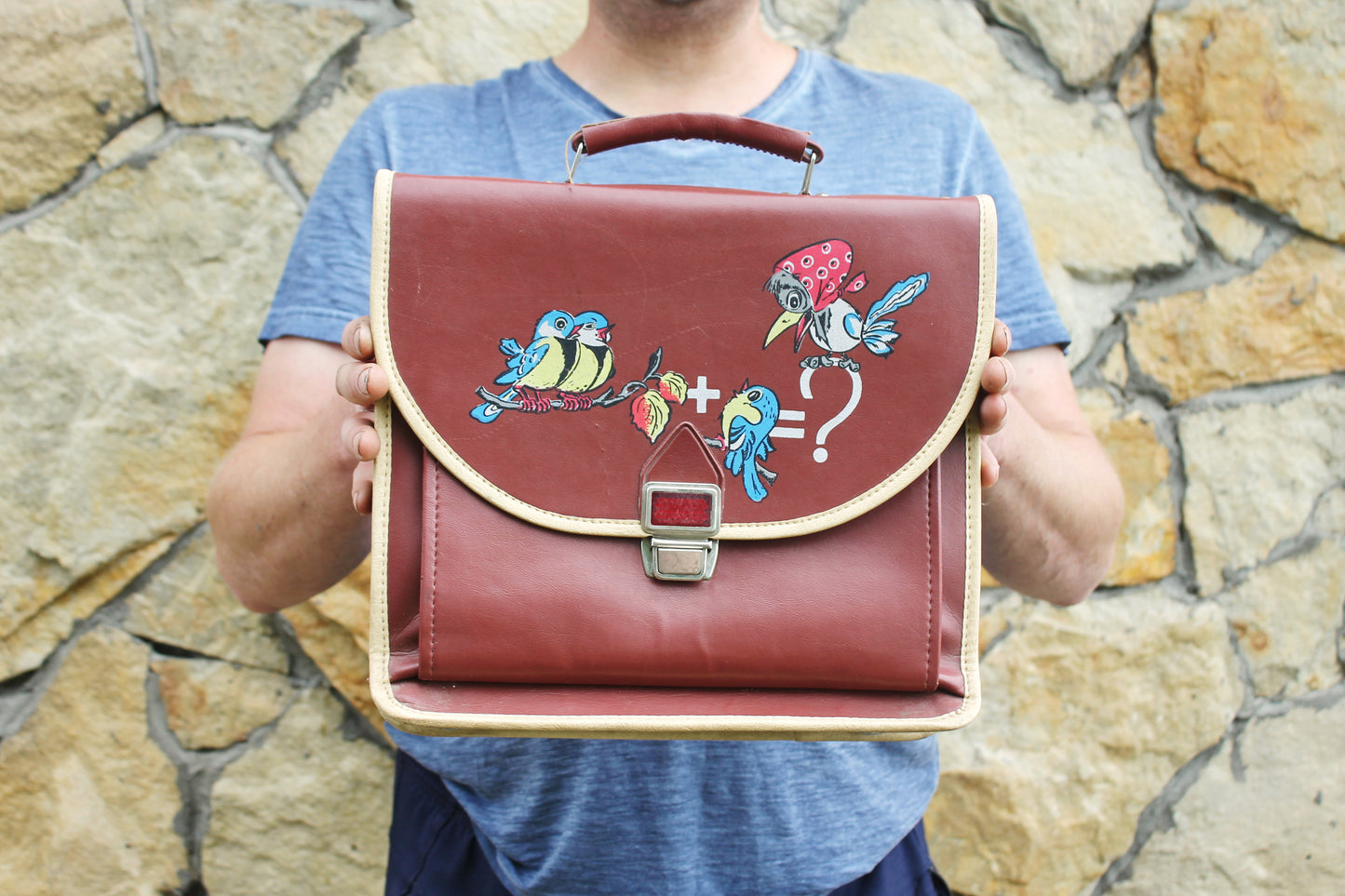 Vintage Soviet School Satchel – USSR Children’s Bag with Hand-Painted Cartoon Birds – Rare 1980s Kid’s Accessory