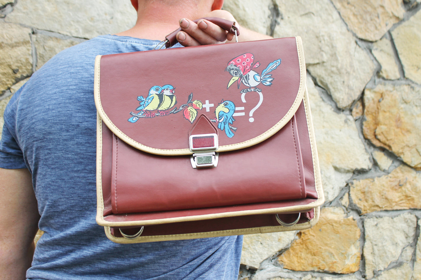 Vintage Soviet School Satchel – USSR Children’s Bag with Hand-Painted Cartoon Birds – Rare 1980s Kid’s Accessory