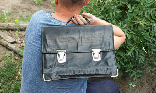 Vintage Soviet Briefcase | Black Faux Leather School Satchel | USSR 1970s Document Bag | Retro Office Bag with Metal Clasp
