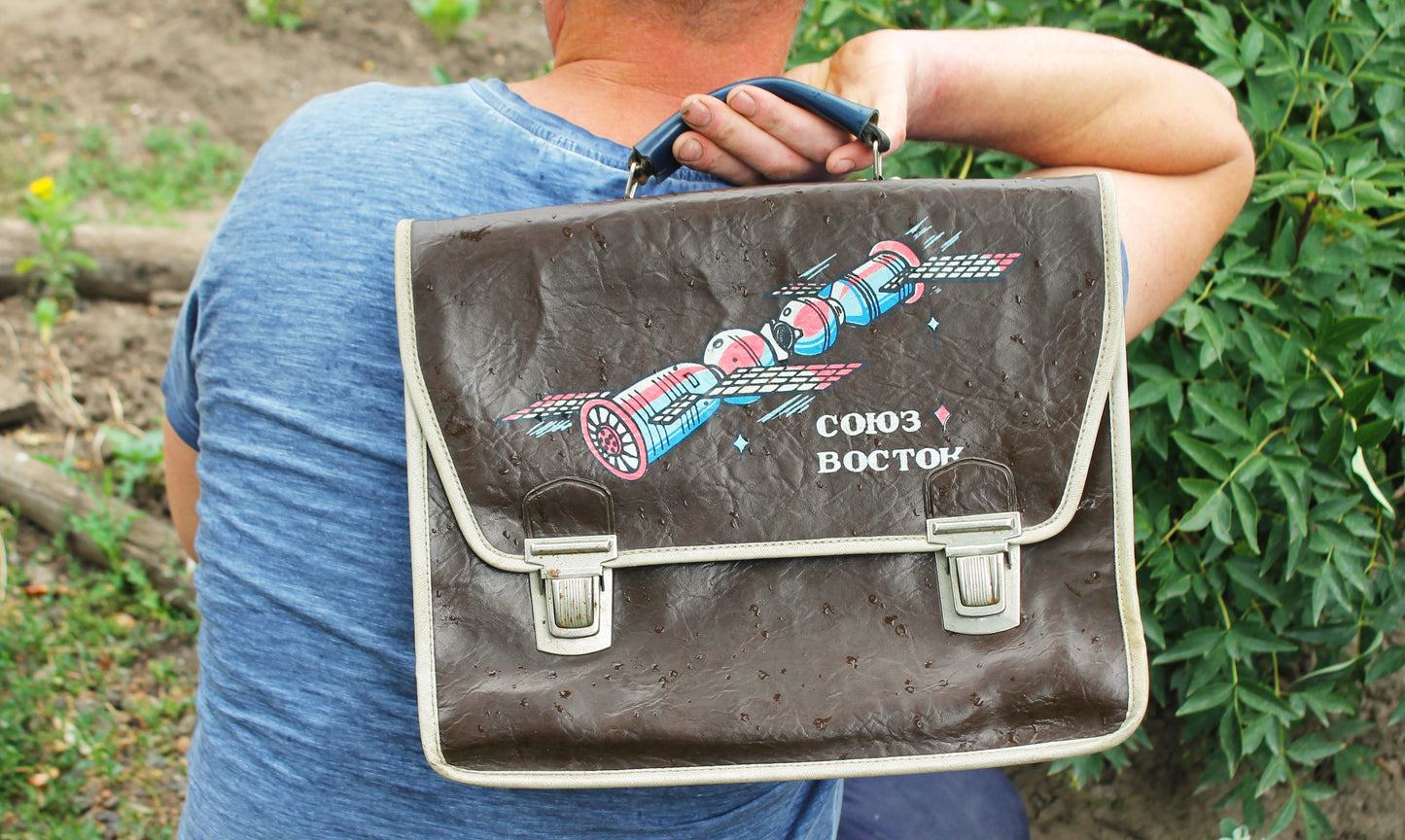 Vintage Soviet School Bag with "Soyuz-Vostok" Spacecraft Graphic | Retro 70s USSR Briefcase | Space Age Propaganda Satchel - 1980s