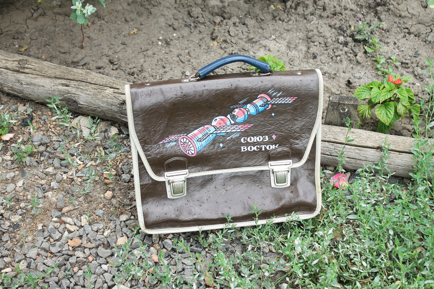 Vintage Soviet School Bag with "Soyuz-Vostok" Spacecraft Graphic | Retro 70s USSR Briefcase | Space Age Propaganda Satchel - 1980s