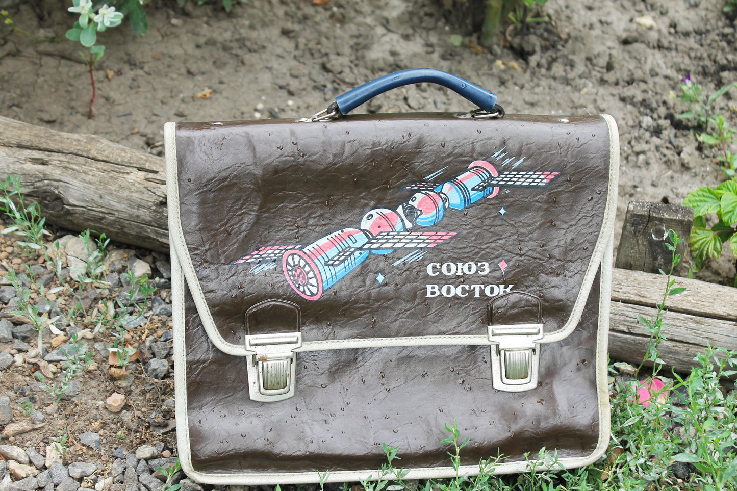 Vintage Soviet School Bag with "Soyuz-Vostok" Spacecraft Graphic | Retro 70s USSR Briefcase | Space Age Propaganda Satchel - 1980s