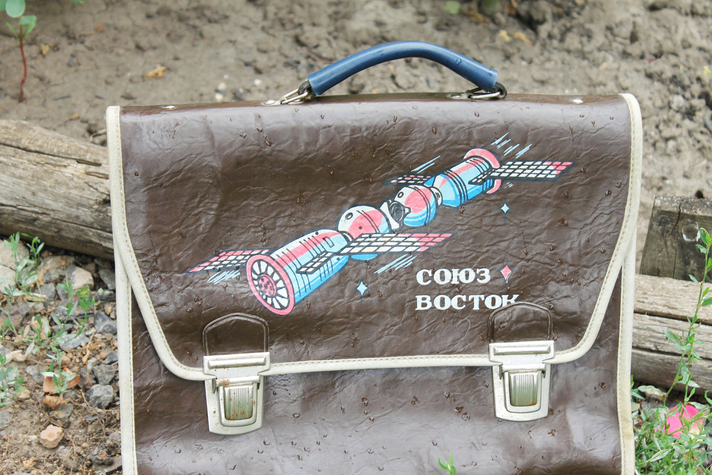 Vintage Soviet School Bag with "Soyuz-Vostok" Spacecraft Graphic | Retro 70s USSR Briefcase | Space Age Propaganda Satchel - 1980s
