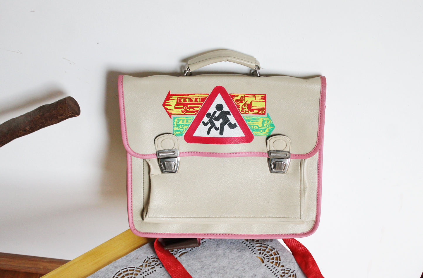 Vintage USSR School Satchel 1990 – Unused Soviet Kids Backpack with Straps – Beige & Pink Faux Leather Bag with Retro Traffic Sign Print