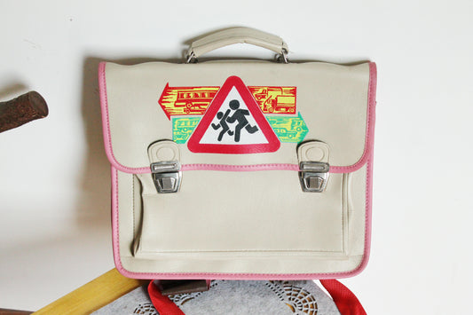 Vintage USSR School Satchel 1990 – Unused Soviet Kids Backpack with Straps – Beige & Pink Faux Leather Bag with Retro Traffic Sign Print