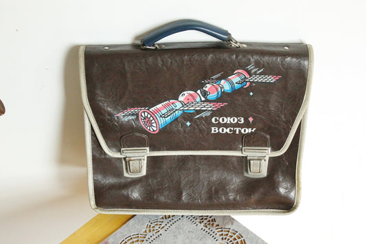 Vintage Soviet School Bag with "Soyuz-Vostok" Spacecraft Graphic | Retro 70s USSR Briefcase | Space Age Propaganda Satchel - 1980s
