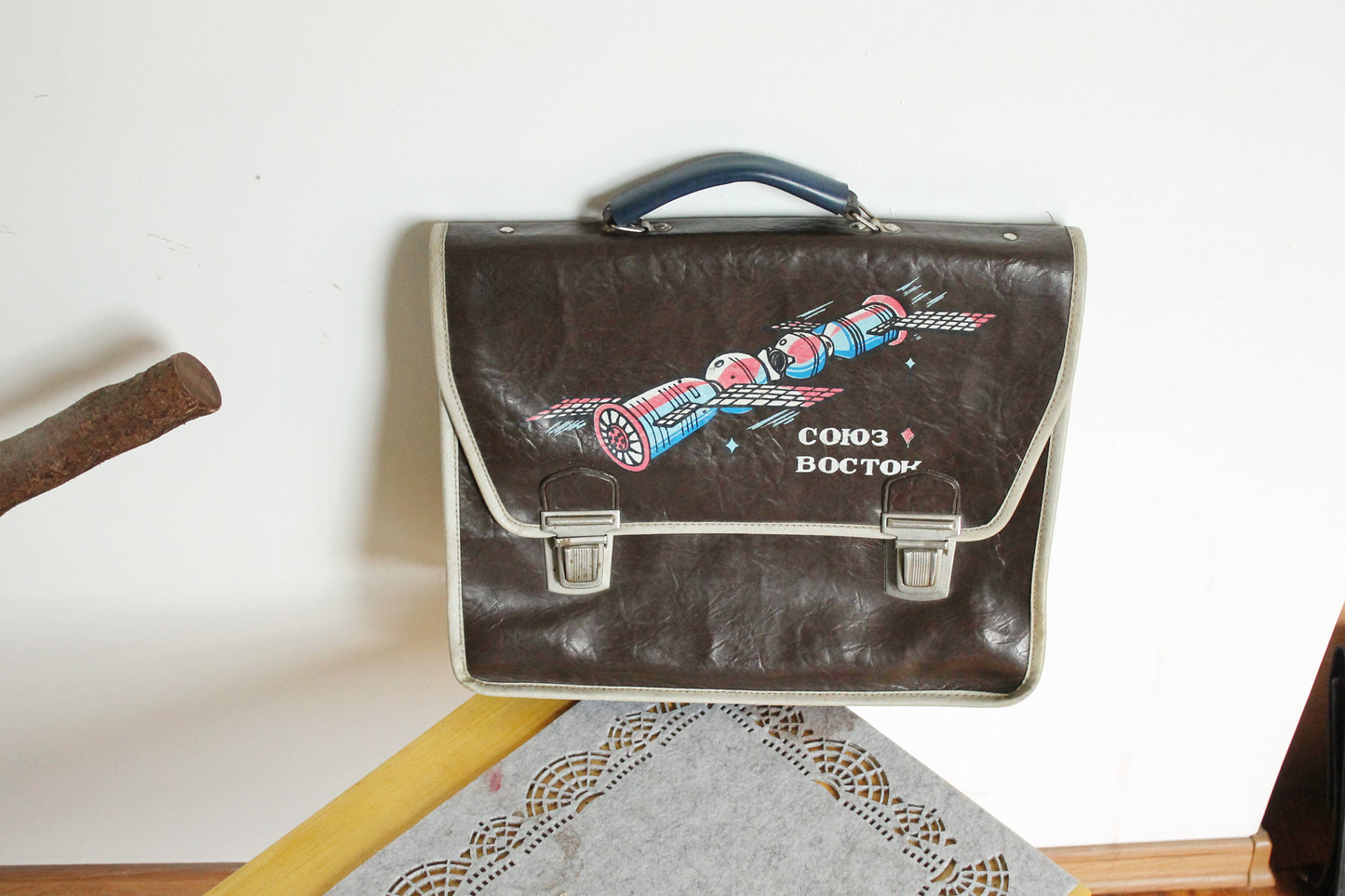 Vintage Soviet School Bag with "Soyuz-Vostok" Spacecraft Graphic | Retro 70s USSR Briefcase | Space Age Propaganda Satchel - 1980s
