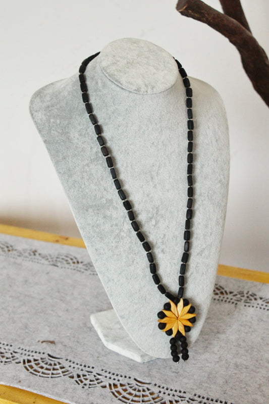 Vintage 1990s Wooden Necklace with Floral Pendant - Black and Natural Wood Beads - Folk Boho Jewelry from Eastern Europe - 1990s