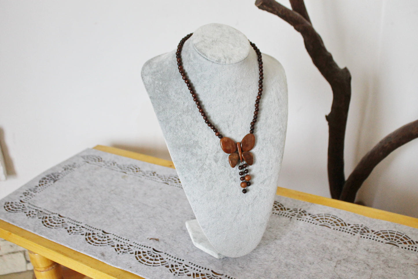 Vintage Wooden Butterfly Necklace - 1990s Handcrafted Wood Beaded Jewelry - Retro Natural Pendant Necklace - Eco Boho Gift - made in Ukraine