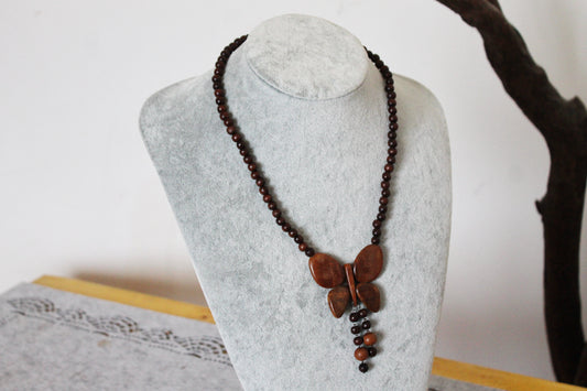 Vintage Wooden Butterfly Necklace - 1990s Handcrafted Wood Beaded Jewelry - Retro Natural Pendant Necklace - Eco Boho Gift - made in Ukraine