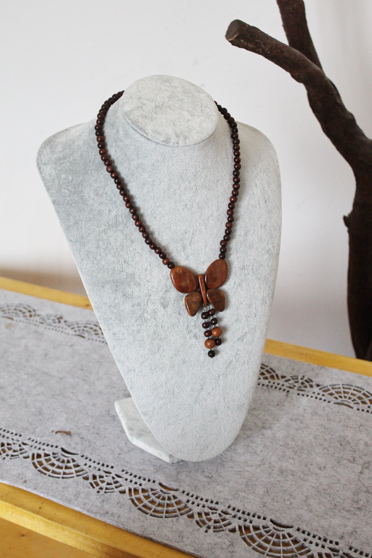 Vintage Wooden Butterfly Necklace - 1990s Handcrafted Wood Beaded Jewelry - Retro Natural Pendant Necklace - Eco Boho Gift - made in Ukraine