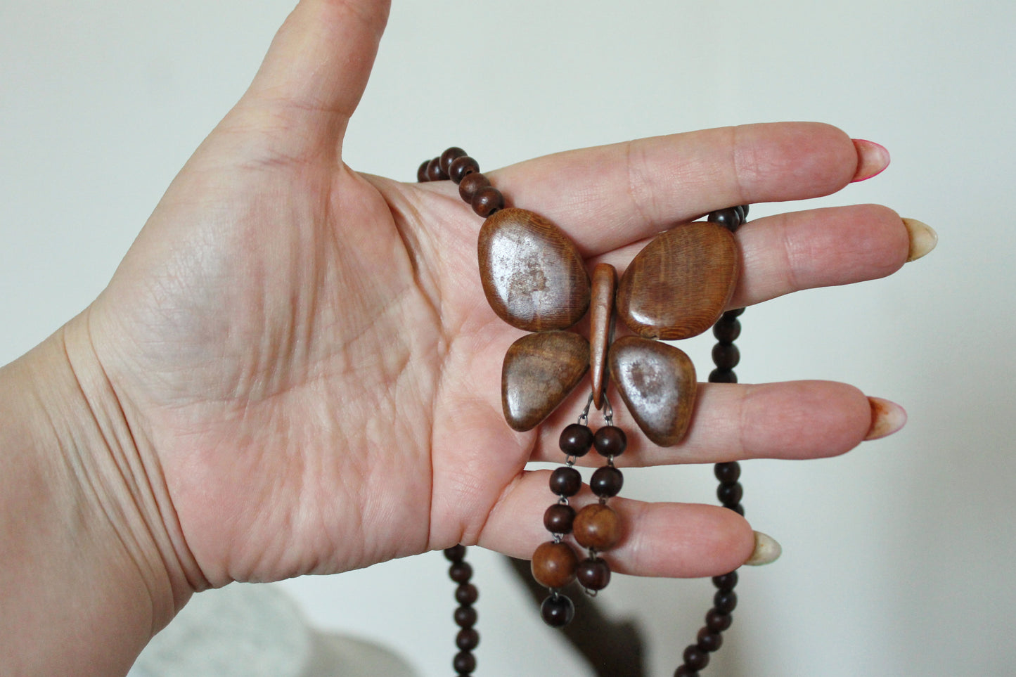 Vintage Wooden Butterfly Necklace - 1990s Handcrafted Wood Beaded Jewelry - Retro Natural Pendant Necklace - Eco Boho Gift - made in Ukraine
