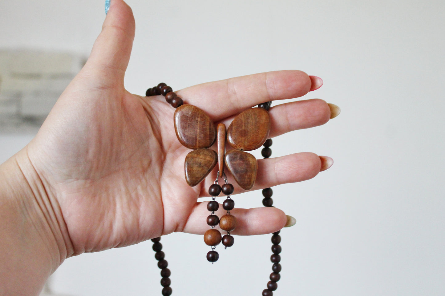 Vintage Wooden Butterfly Necklace - 1990s Handcrafted Wood Beaded Jewelry - Retro Natural Pendant Necklace - Eco Boho Gift - made in Ukraine