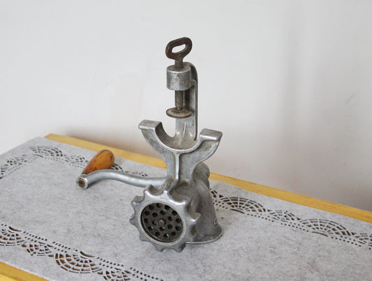Vintage Soviet Meat Grinder – Manual Cast Aluminum Mincer with Wooden Handle – USSR Kitchen Tool – Rustic Food Prep Collectible - 1960