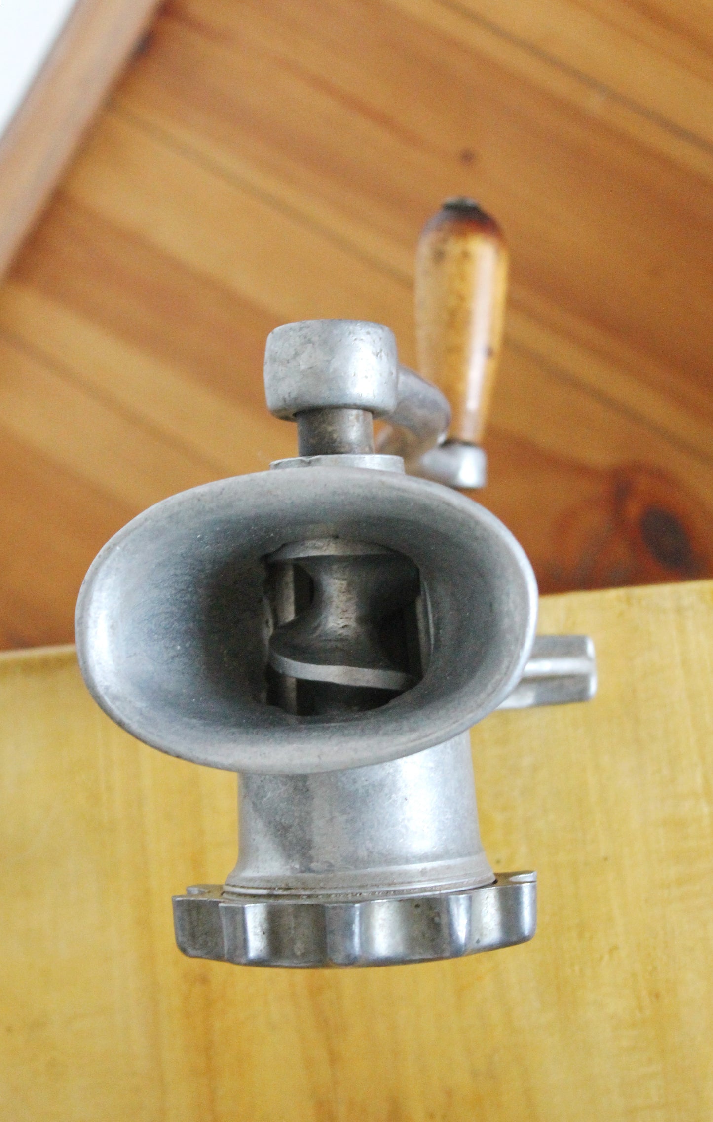 Vintage Soviet Meat Grinder – Manual Cast Aluminum Mincer with Wooden Handle – USSR Kitchen Tool – Rustic Food Prep Collectible - 1960
